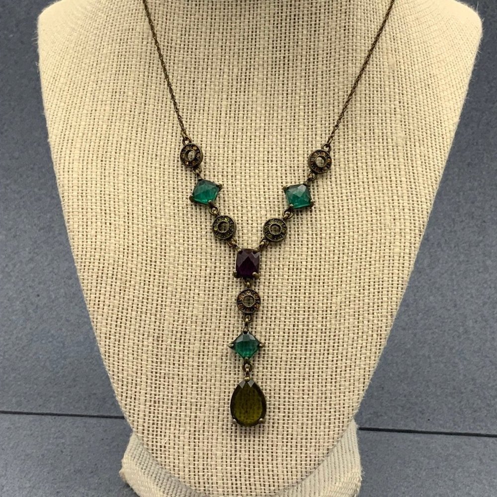 Bronze Multicolor Y-drop Necklace Turquoise Maroon Peach Rhinestone
